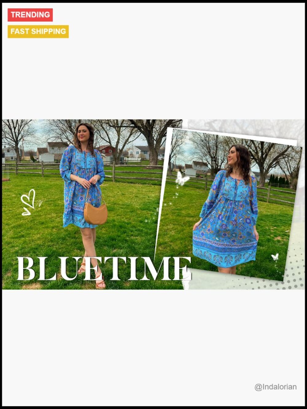 V Neck 3/4 Sleeve Floral Print Babydoll Dress with Pockets - Picture 7 of 7